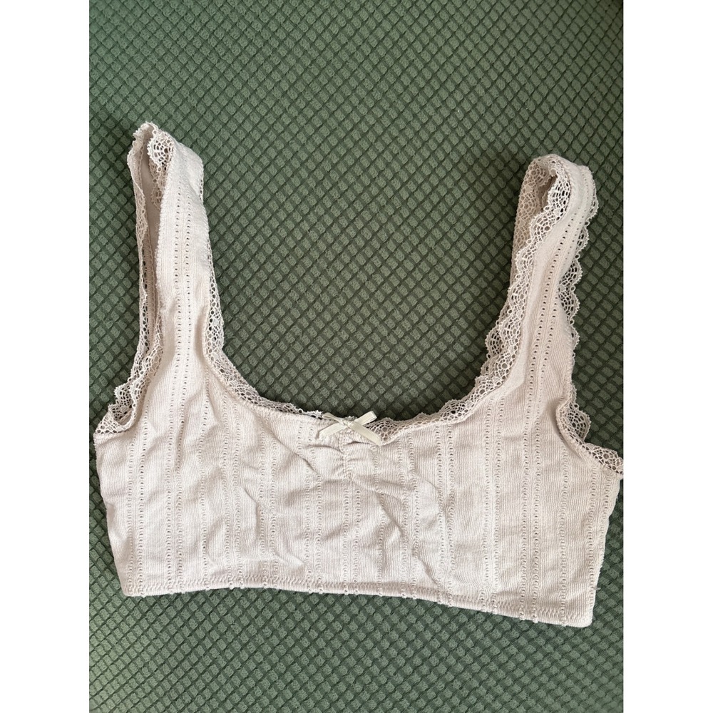 Forever 21 Lace Trim Ribbed Cropped Tank Top Beige Women's Small